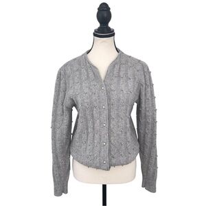 Yarnworks Grey Lambswool-Angora Cardigan Sweater Small Pearl Embellished